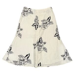 John Paul Richard 100% Linen Floral Skirt Black White Midi 8 Boho Cottage Chic